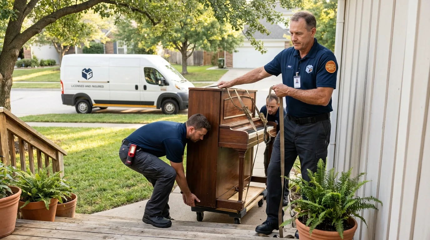 Licensed piano movers securing grand piano in Sweet Springs, MO