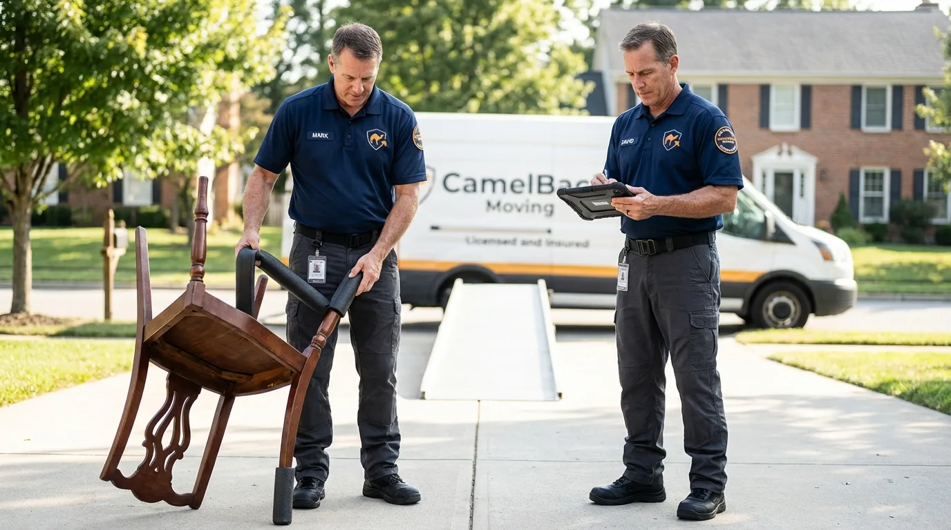 Movers inspecting furniture for damage prevention before loading in Sweet Springs, MO