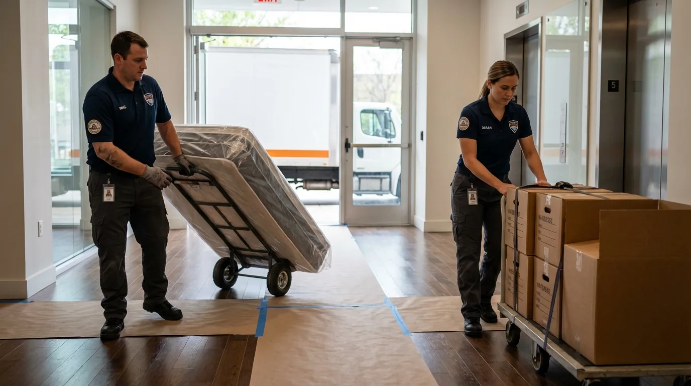 Professional apartment movers loading elevator in Sweet Springs, MO