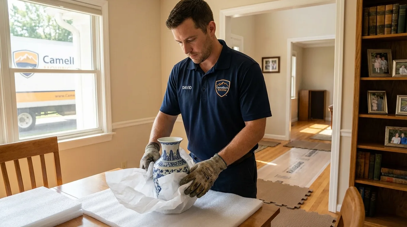 Professional crew carefully wrapping antique vase for senior downsizing move in Sweet Springs, MO